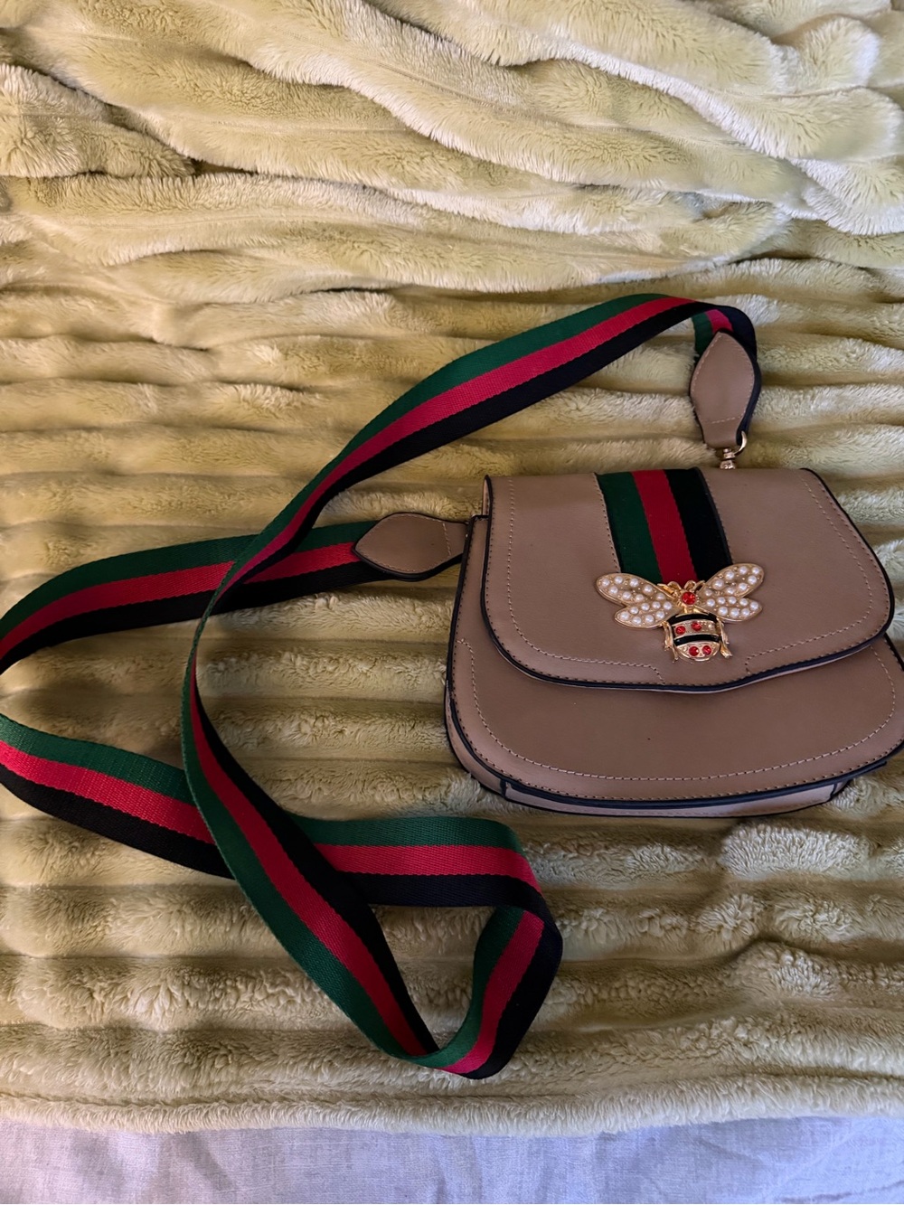Sorel Beige Crossbody with Green-Red-Black Stripe and Bee Accent